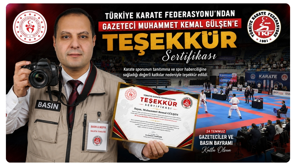 Türkiye Karate Federasyonu'ndan Gazeteci Muhammet Kemal Gülşen'e Teşekkür Sertifikası